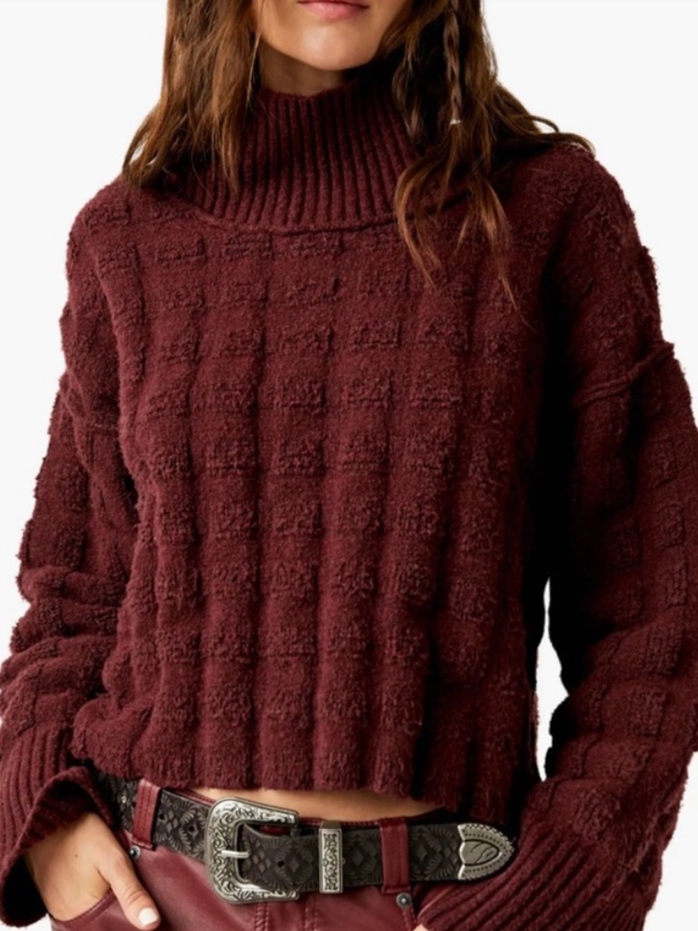We The Free Textured Chunky Turtleneck Sweater - Burgundy